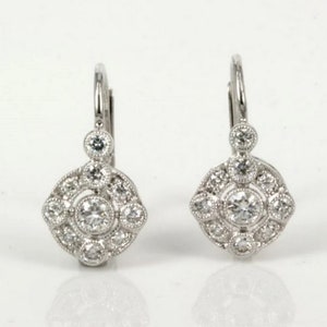 Vintage Art Deco Antique Earring&#39;s, Bezel Set Milgrain Earrings, Round Cut Moissanite Leverback Earrings, 14k Gold Drop Dangle Earrings