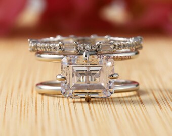 Full Eternity Wedding Ring, Round & Baguette Cut Moissanite Ring, East To West Emerald Engagement Ring, Double Row Ring,Propose Ring-For Her