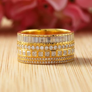 Art Deco Wedding Band, Multi Cut Moissanite Band, Wide Band Engagement Ring, Five Row Diamond Band, Wedding Gift Ring-For Her, 10K Gold Band