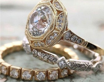 Art Deco Bridal Ring Set, Old European Round Shape Moissanite Ring, Trio Wedding Band, Bezel Set Ring, Milgrain Ring,Three Tone Ring