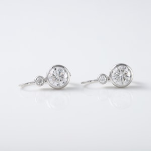Bezel Set Round Moissanite Earring, Lever Back Earring, Dangle & Drop Earring, Moissanite 14K Solid Gold Earring Milgrain Two Stone Earring