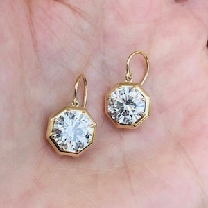 Round Moissanite Earring, Lever Back Earring, Dangle & Drop Earring, Moissanite 14K Solid Gold Earring, Solitaire Engagement Wedding Earring