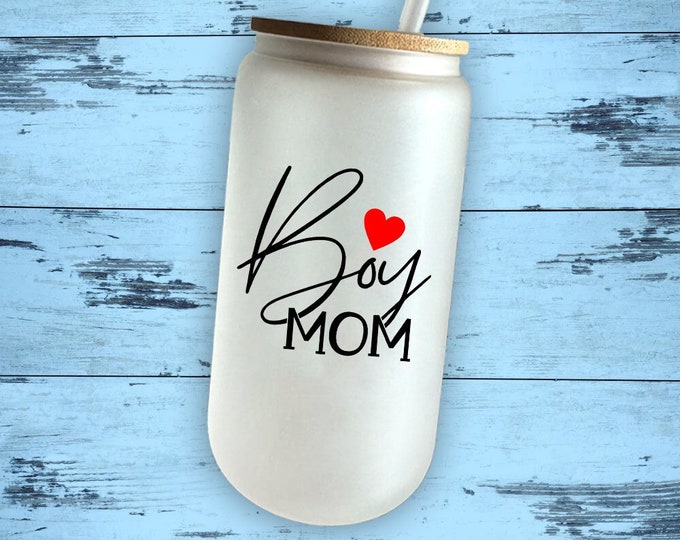 Boy Mom - 16oz Frosted Cup, Frosted Beer Mug, Iced Coffee, Tumbler, Frosted Cups, Straight with Bamboo Lid Straw