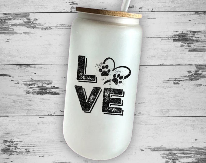 Love Paw Prints - 16oz Frosted Cup, Frosted Beer Mug, Iced Coffee, Tumbler, Frosted Cups, Straight with Bamboo Lid Straw