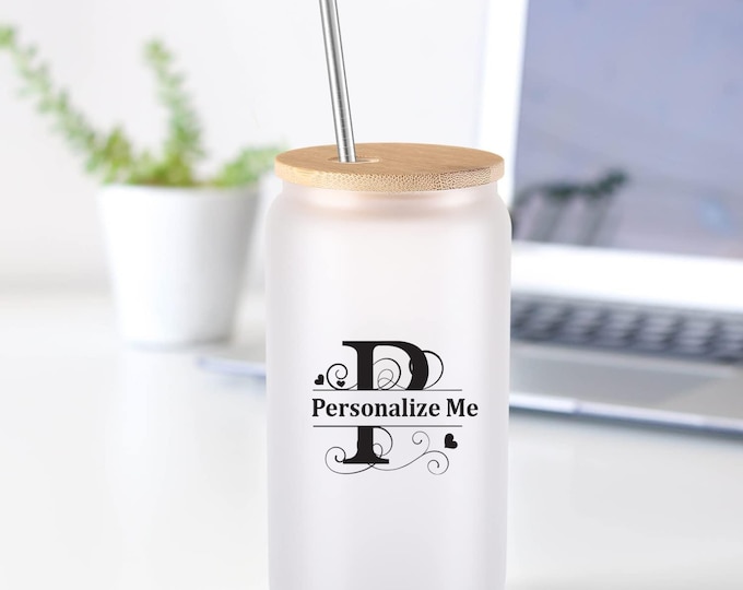 Personalized Monogramed - 16oz Frosted Cup, Beer Mug, Iced Coffee, Tumbler, Frosted Cups, Straight with Bamboo Lid Straw