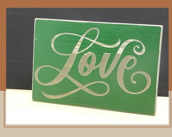 Love | Engraved Sign | Christmas Green on Dark Pewter Gray | Hand Crafted | Christmas, Home, Office or Dorm Gift | Wood
