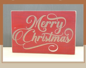 Merry Christmas | Engraved Sign | Red on Dark Pewter Gray | Hand Crafted | Christmas, Home, Office or Dorm Gift | Wood