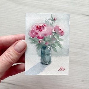 Bouquet de pivoines | Aquarelle originale ACEO 2,5" x 3,5"