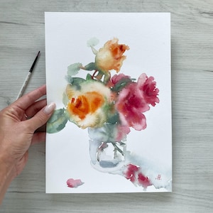 Il mazzo di rose | Dipinto ad acquerello originale 21x30 cm