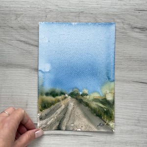 Paysage d'été, route | Croquis original à l’aquarelle | oeuvre 15x21 cm
