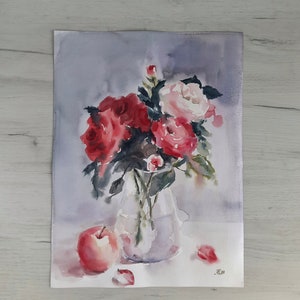 Il mazzo di rose con una mela | Acquerello originale 30x40 cm