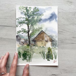 Paysage d'été dans le village | Aquarelle originale | œuvre d'art 15x21 cm