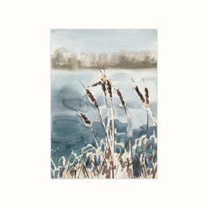 Canne secche sul fiume ghiacciato dopo l'inverno | Acquerello originale 21x30 cm | fatto in Ucraina