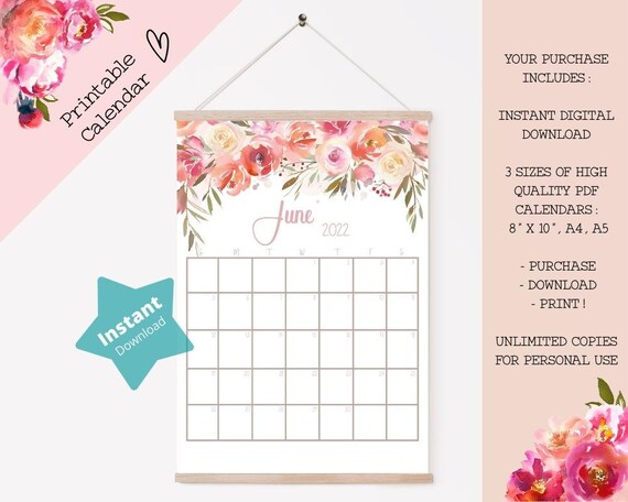 june 2022 printable calendar june calendar page monthly 2022 etsy
