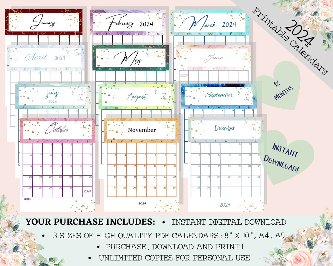 12 Month Calendar Pages, Printable Calendars 2024, Calendar Planner