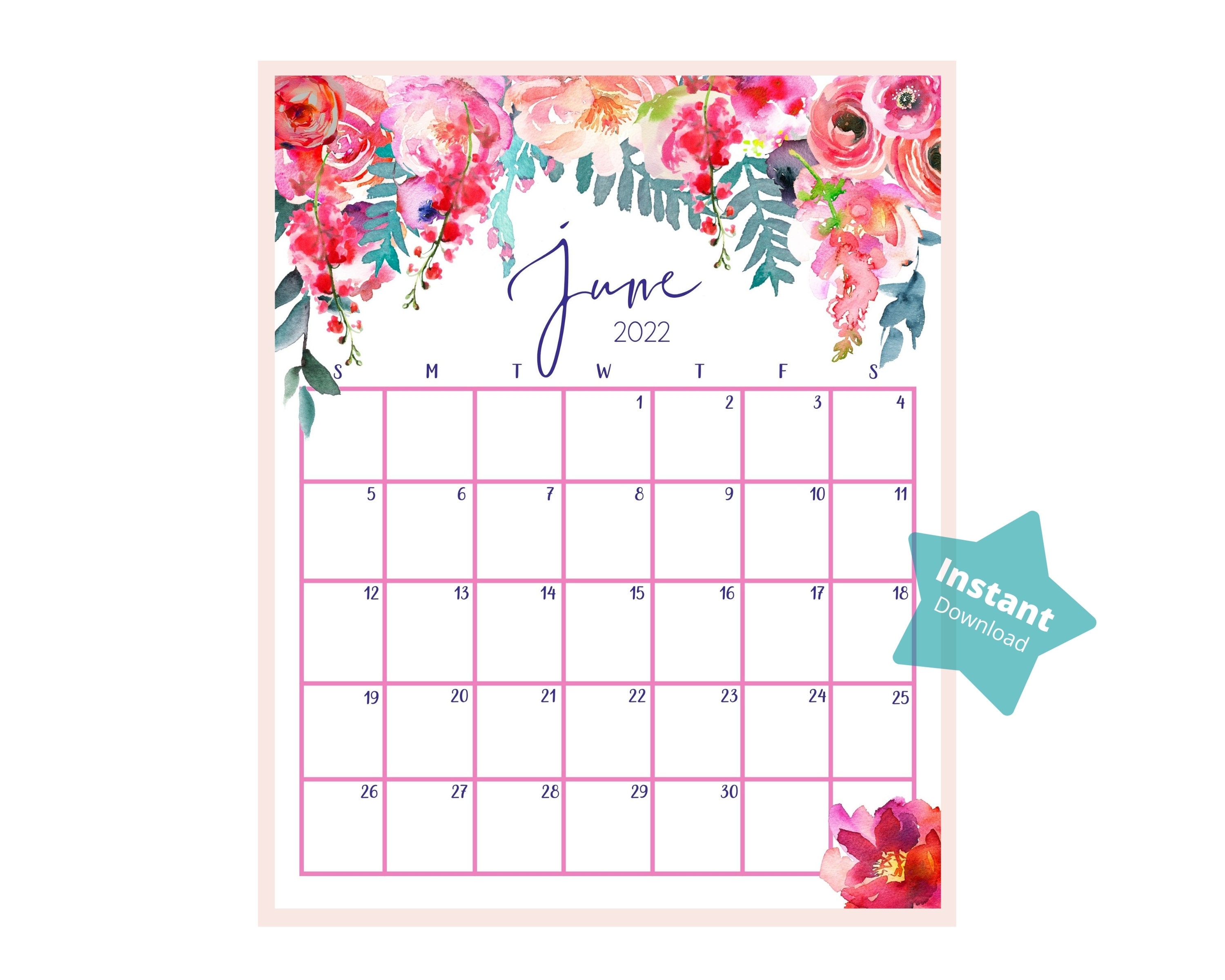 june 2022 printable calendar june 2022 calendar page monthly etsy