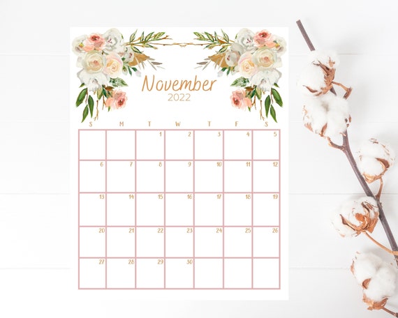 november 2022 printable calendar november 2022 calendar page etsy