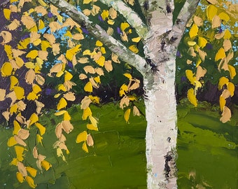 Original oil painting ‘Cascade’ 30cm x 30cm Birch Aspen Tree Yellow Leaves