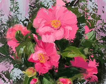 Semi Abstract Floral Art Oil Painting Camellias ‘Pretty in Pink’