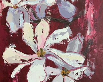 Original Floral Oil Painting Magnolia Flowers ‘Maroon’