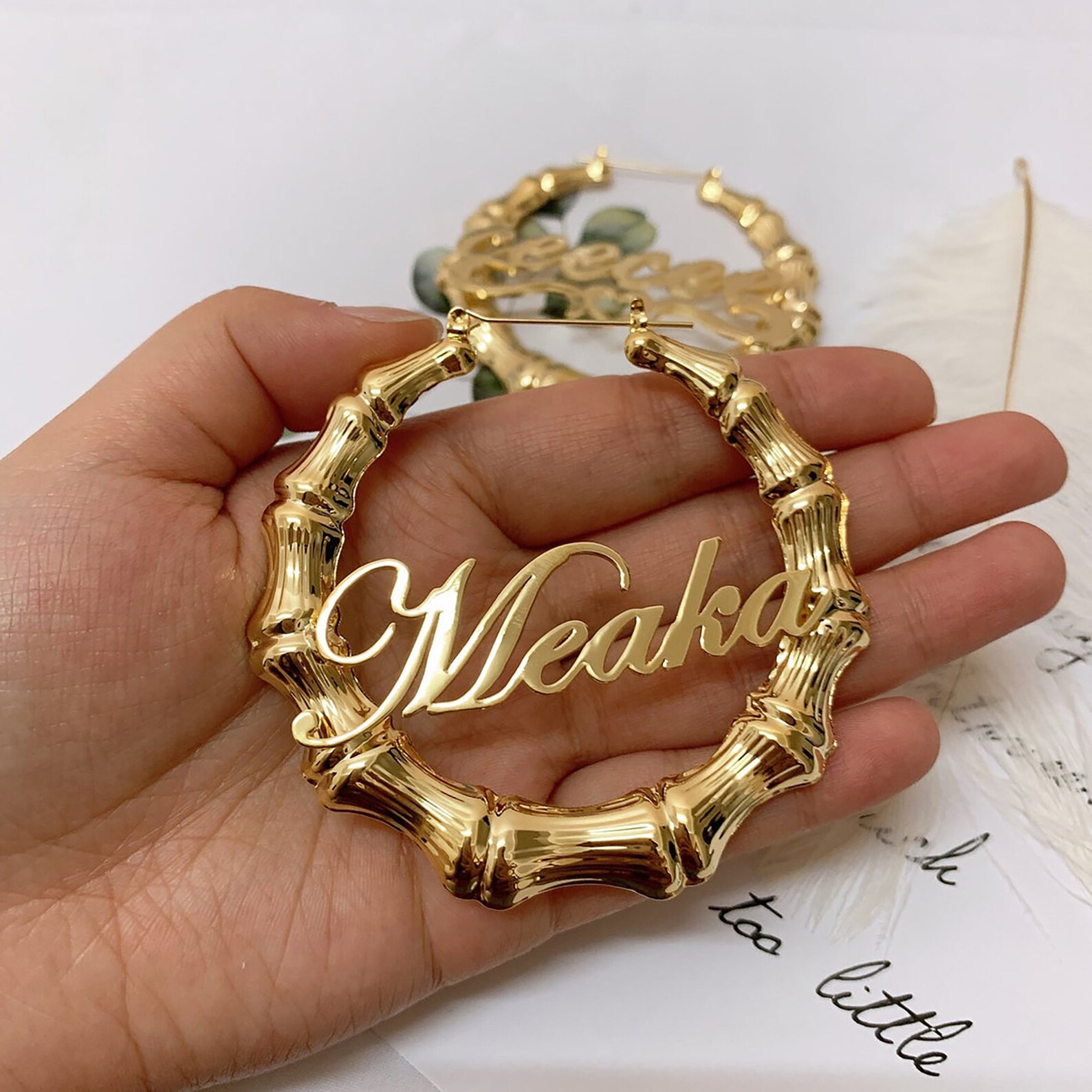 Bamboo Earrings Name Custom Name Earrings Bamboo Hoop Etsy