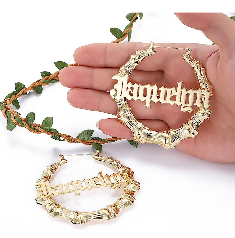 Bamboo Earrings Name Custom Name Earrings Bamboo Hoop Etsy