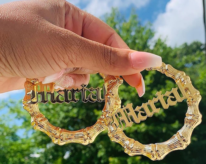 Featured listing image: Bamboo Earrings Name, Custom Name Earrings, Bamboo Hoop, Monogram Jewelry, Nameplate Hoops, Bamboo Earrings Name, Nurse Gift