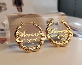 Bamboo Earrings Name, Custom Name Earrings, Bamboo Hoop, Monogram Jewelry, Nameplate Hoops, Bamboo Earrings Name, Nurse Gift