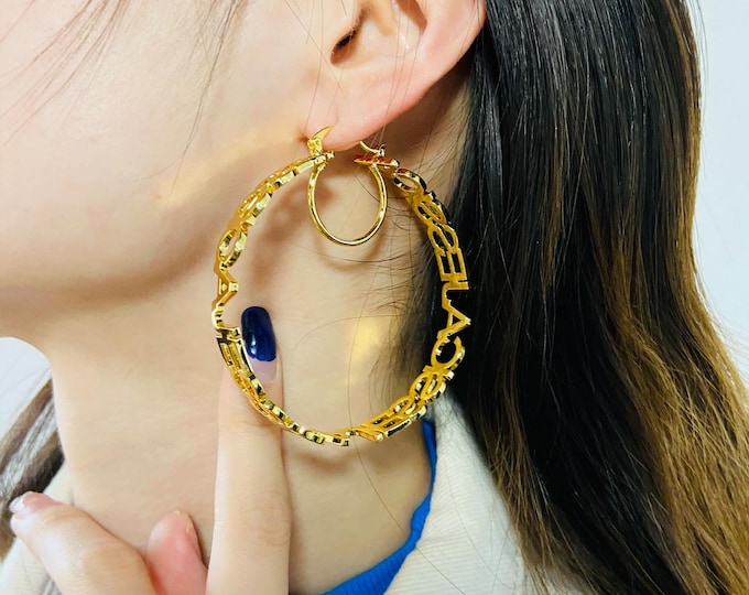 Featured listing image: J.Lo Inspired Name Earrings Personalized Name Earrings Name Hoops Name Hoop Earrings Hoop Earrings Gold Custom Earrings Custom Hoops