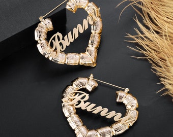 Heart Bamboo Name Earrings,Custom Name Earrings, Bamboo Hoop, Monogram Jewelry, Nameplate Hoops, Bamboo Earrings Name, Nurse Gift·Heart hoop