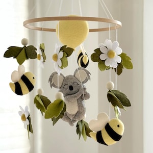 Bee baby mobile koala nursery mobile with daisies leaves felt balloon crib mobile for baby girl boy gender neutral woodland nursery decor