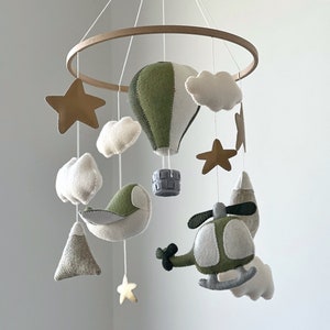 Gender Neutral Mobile Hot Air Balloon Baby Mobile Green Nursery Mobile Airplane Helicopter Stars and Clouds Baby Crib Mobile for Boy Girl