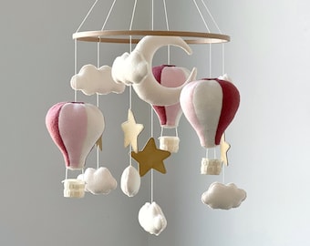 Baby crib mobile hot air balloons moon stars sky theme nursery decor baby girl gift felt crib hanging mobile travel nursery decor