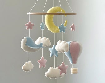 Baby crib mobile with Hot air balloon plane sky theme nursery decor moon stars clouds hanging mobile newborn baby shower gift baby girl gift