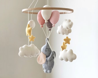 Baby girl crib mobile elephant felt pink nursery decor baby shower gift elephant with balloons cloud nursery sky nursery theme newborn