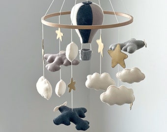 Hot air balloons airplanes baby crib mobile sky theme nursery decor stars clouds hanging mobile newborn baby shower gift neutral nursery