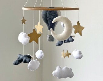 Hot air balloon baby mobile planes moon stars sky theme nursery decor neutral baby gift felt crib hanging mobile travel nursery decor