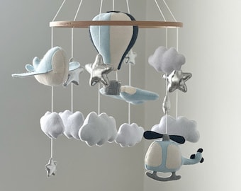 Baby crib mobile Hot air balloon airplanes sky theme nursery decor stars clouds hanging mobile newborn baby shower gift baby boy nursery