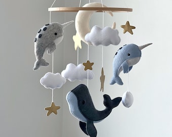 Ozean Baby mobile Wale Kinderzimmer Mobile Narwal Kinderzimmer Dekor Ozean Kinderzimmer Thema Krippe Baby mobile Baby-Dusche Geschenk Seesterne Mond Neugeborene