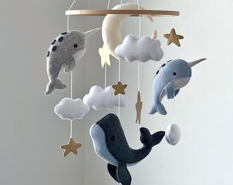 Ocean baby mobile whales nursery mobile narwhal nursery decor ocean nursery theme crib baby mobile baby shower gift sea stars moon newborn