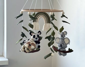 Baby crib mobile with pandas koalas and sloths hanging nursery mobile safari nursery decor baby shower gift neutral baby mobile felt