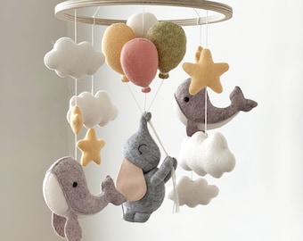 Elephant baby mobile, whale baby mobile, nursery decor, felt boy girl baby mobile, baby shower gift,