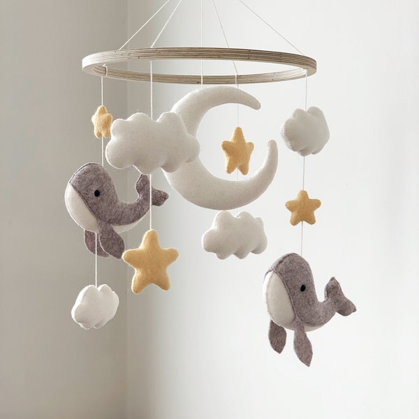 Whale Baby Mobile Nautical Nursery Decor Moon and Stars Felt Crib Mobile Baby Shower Gift