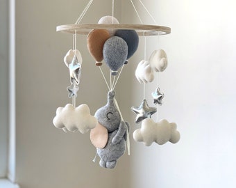 Baby mobile elephant nursery crib mobile neutral baby room decor baby shower gift hanging felt mobile elephant with baloons clouds stars