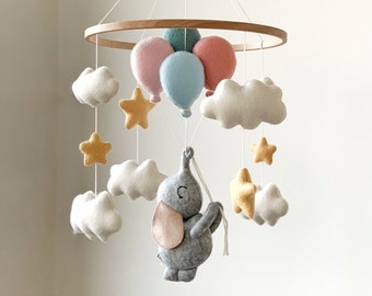 Baby Mobile with Elephant and Balloons Nursery Decor Baby Shower Gift Felt Crib Hanging Mobile