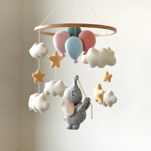 Baby Mobile with Elephant and Balloons Nursery Decor Baby Shower Gift Felt Crib Hanging Mobile image 1