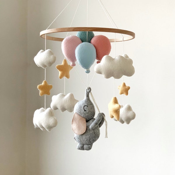 Mobile pour bébé avec éléphant et ballons, décoration pour chambre de bébé, cadeau de baby shower, mobile à suspendre pour berceau en feutre