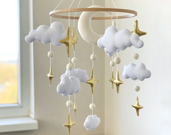 Baby Mobile Stars Nursery Decor Moon Felt Crib Mobile Boy Girl Baby Shower Gift Gold