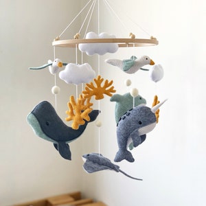 Whale Baby Mobile, Narwhal nursery decor, Nautical Nursery Mobile, Baby Shower Gift, Dolphin, Sea, Ocean