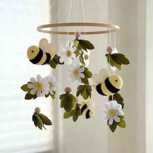 Baby girl mobile with bees flowers felt balls Pink crib mobile for girl Floral nursery decor Beehive baby mobile Daisy mobile girl baby gift